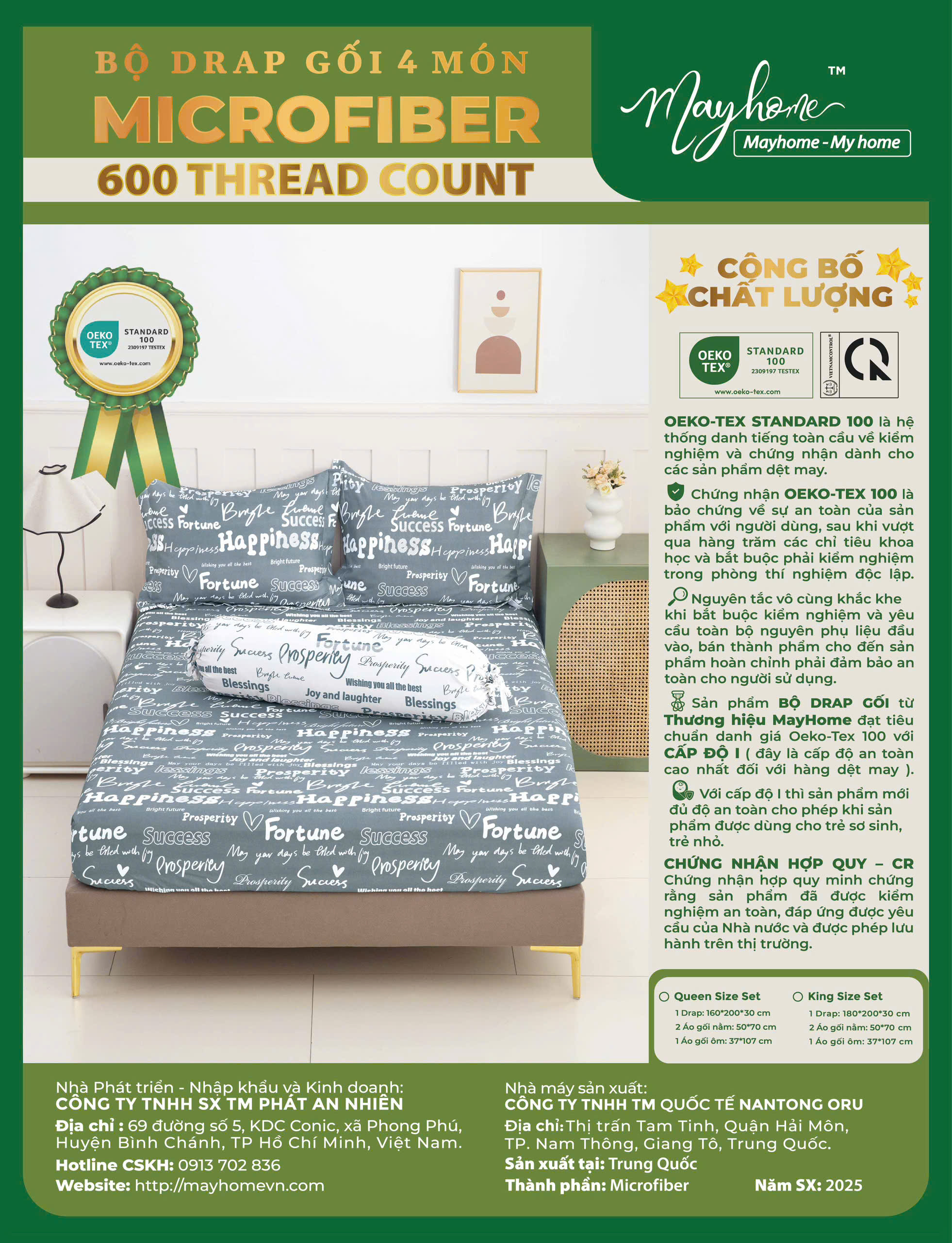 BỘ DRAP MIC 600TC MAYHOME 180*200*30CM - MH2025-2